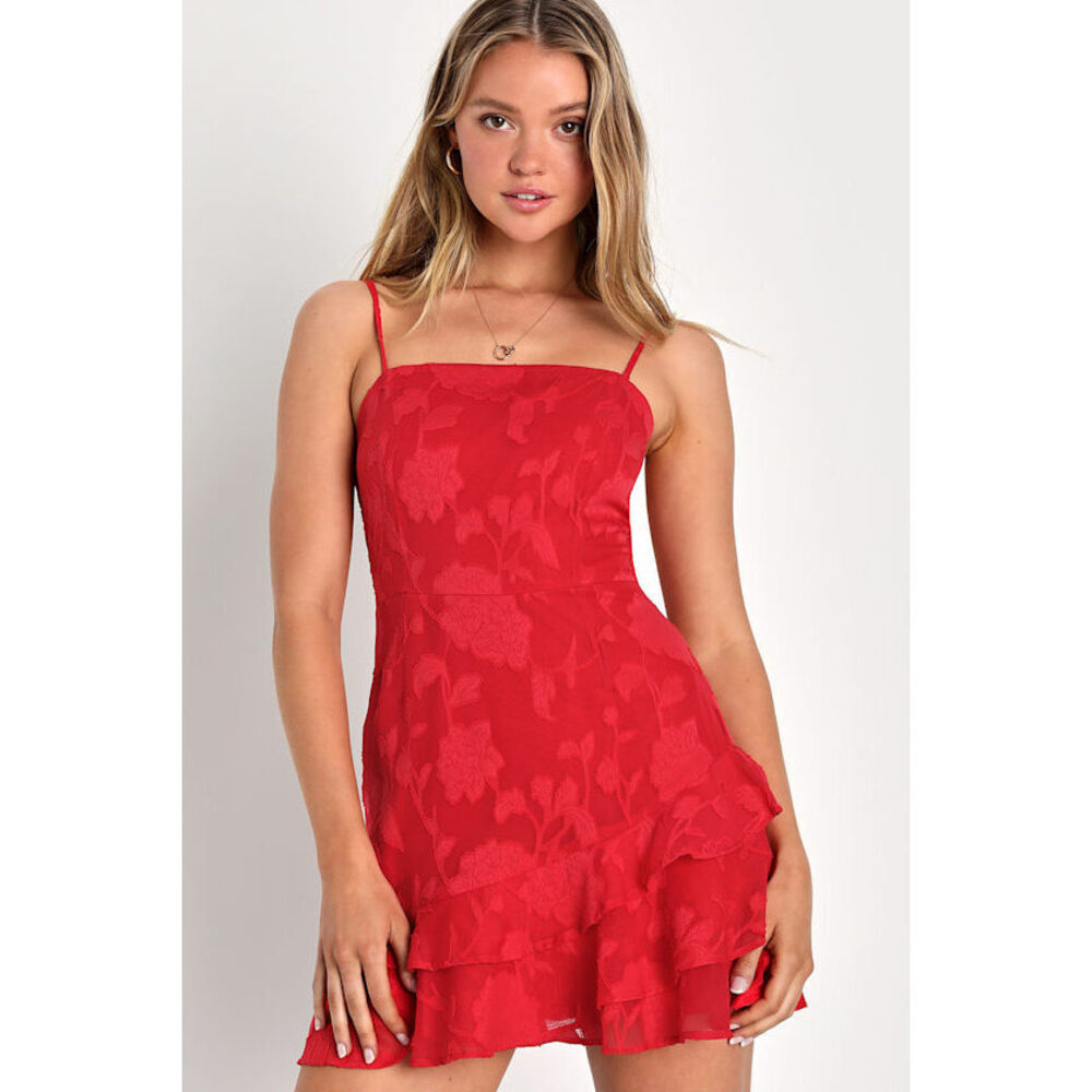 Lulus Days With You Red Floral Burnout Ruffled Mini Dress - Size S